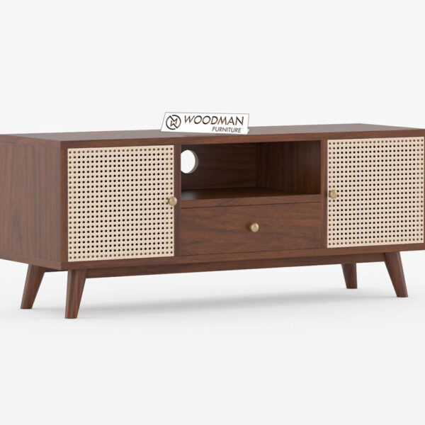 Woodman Mid-Century Modern TV Unit with Cane Doors – (Walnut Finish)