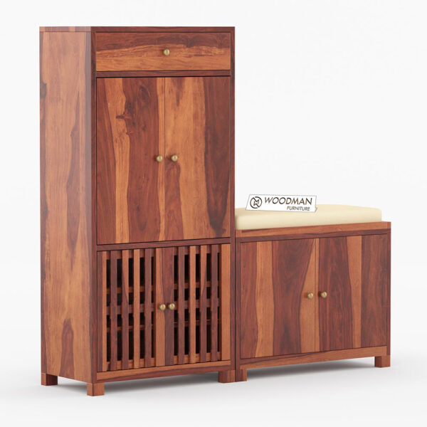 Premium Shoe Rack with Cushion Seating & Multi-Cabinet Storage(Honey Finish)