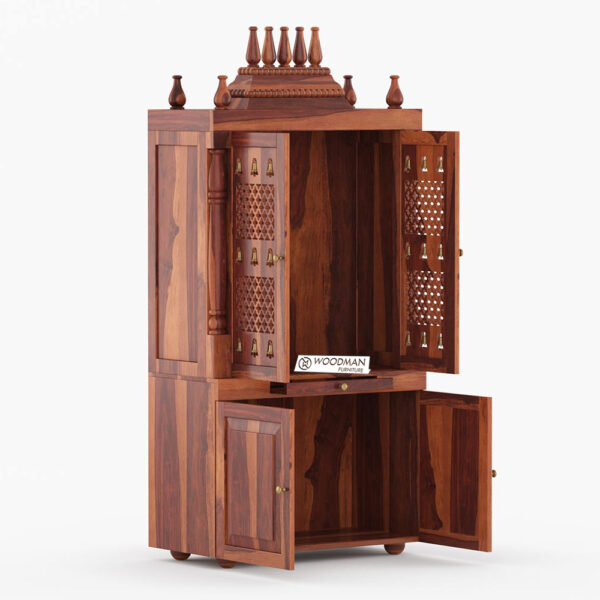 Sheesham Wood Home Temple with Dome Top and Brass Bells(honey finish