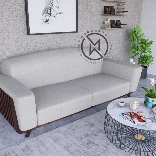 Modern 3-Seater Sofa with Wooden Slat Armrest Detailing – Light Grey Upholstery