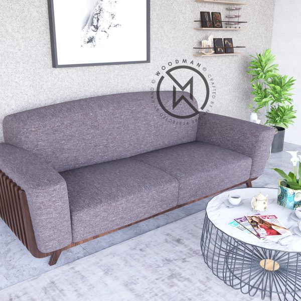 Woodman Modern 3-Seater Sofa with Wooden Slat Armrest Detailing – Light Grey Upholstery