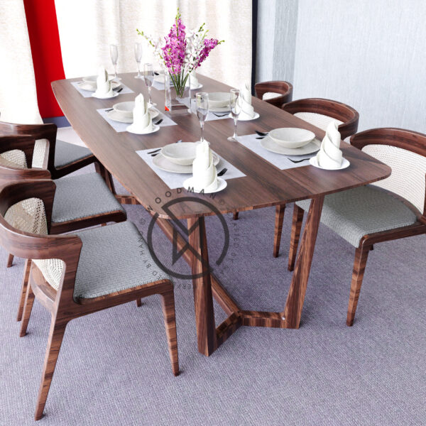 Contemporary 6-Seater Sheesham Wood Dining Table Set with Cushioned Cane Chairs (Walnut Finish)