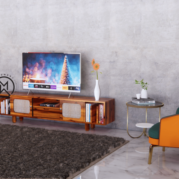 Cane & Sheesham Wood TV Unit (Honey Finish)